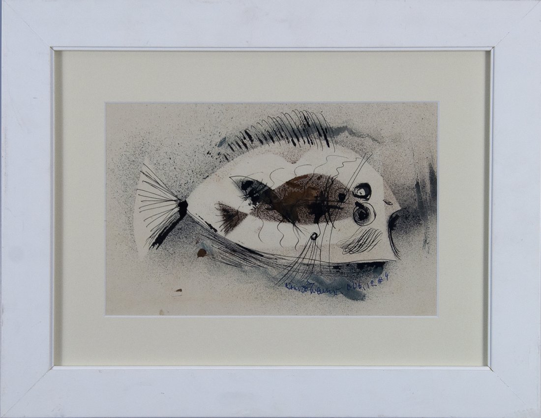 Konrad Cramer (1888-1963): Artist: Konrad Cramer (1888-1963) Title: Abstract Fish c. 1950 Medium: mixed media on paper Image Size: 8x12 Frame Size: 15x19 Signed: signed lower right Estimate: $400 - $600