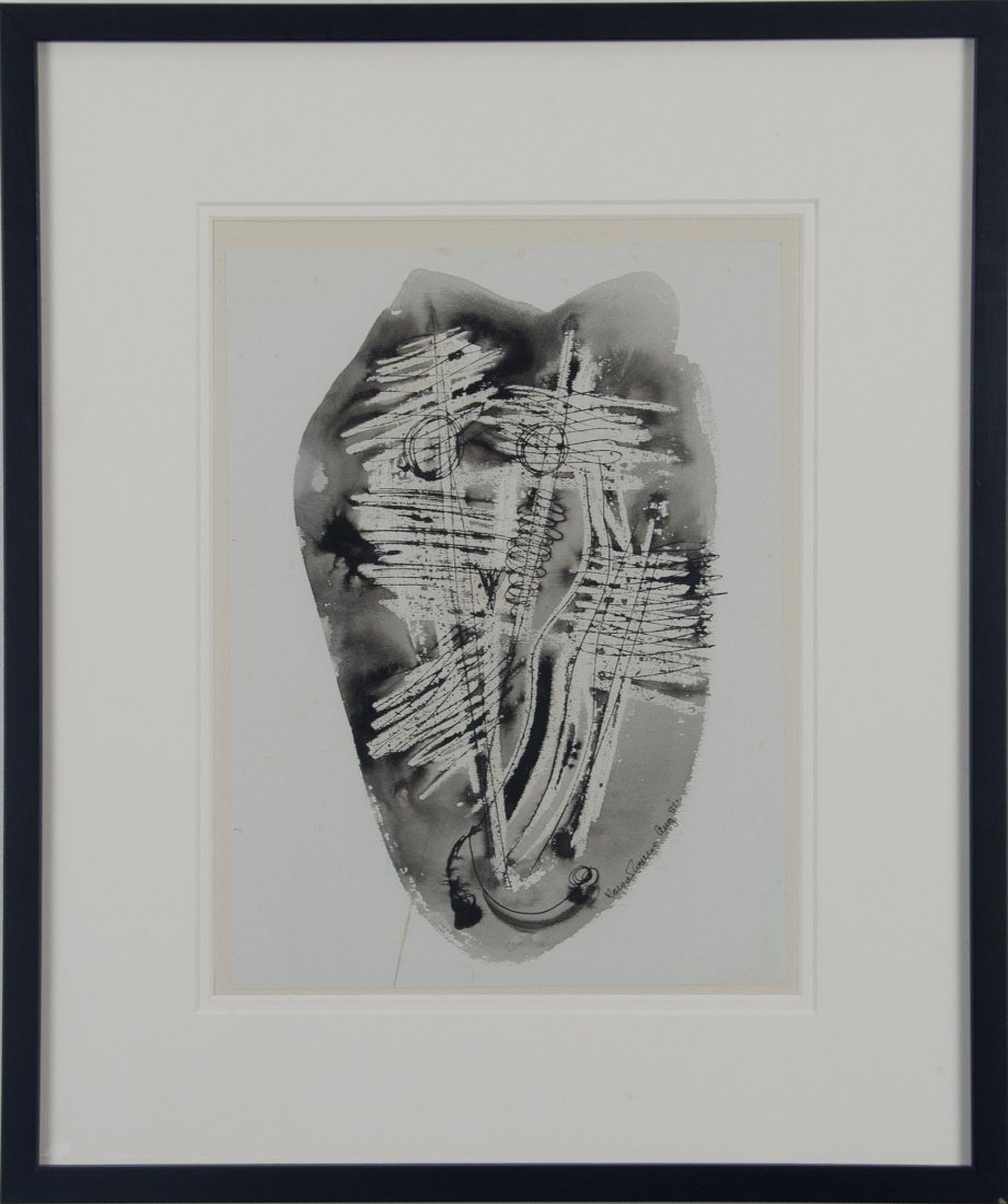 Konrad Cramer (1888-1963): Artist: Konrad Cramer (1888-1963) Title: Abstraction 1951 Medium: mixed media Image Size: 12.5x9 Frame Size: 20x16.5 Signed: signed and dated lower right Estimate: $400 - $600