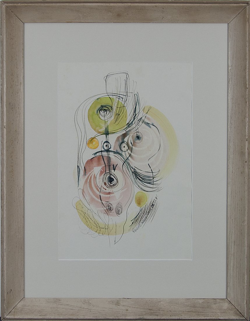 Konrad Cramer (1888-1963): Artist: Konrad Cramer (1888-1963) Title: Abstraction 1952 Medium: ink and watercolor on paper Image Size: 17x11.5 Frame Size: 27x21 Signed: signed and dated lower right Estimate: 400