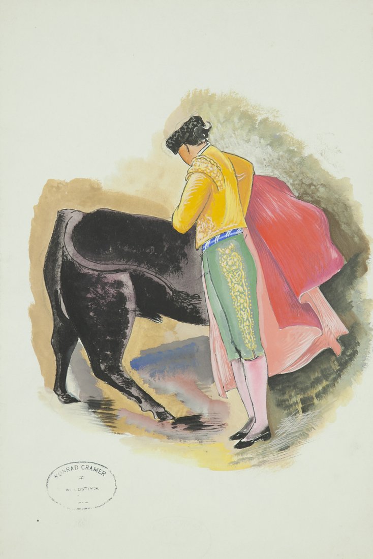 Konrad Cramer (1888-1963): Artist: Konrad Cramer (1888-1963) Title: Matador c. 1930 Medium: gouache on paper Image Size: 14x11.5 Frame Size: 22.5x16 Signed: estate stamped on lower left Estimate: 300 - 500