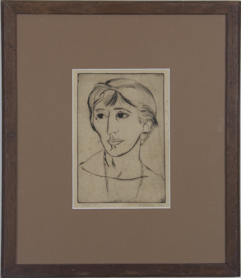 Ernest Fiene (1894-1965): Artist: Ernest Fiene (1894-1965) Title: Head 1924 Medium: drypoint Image Size: 9x6.25 Frame Size: 19.5x16.75 Signed: signed and dated lower right Estimate: 200 - 300