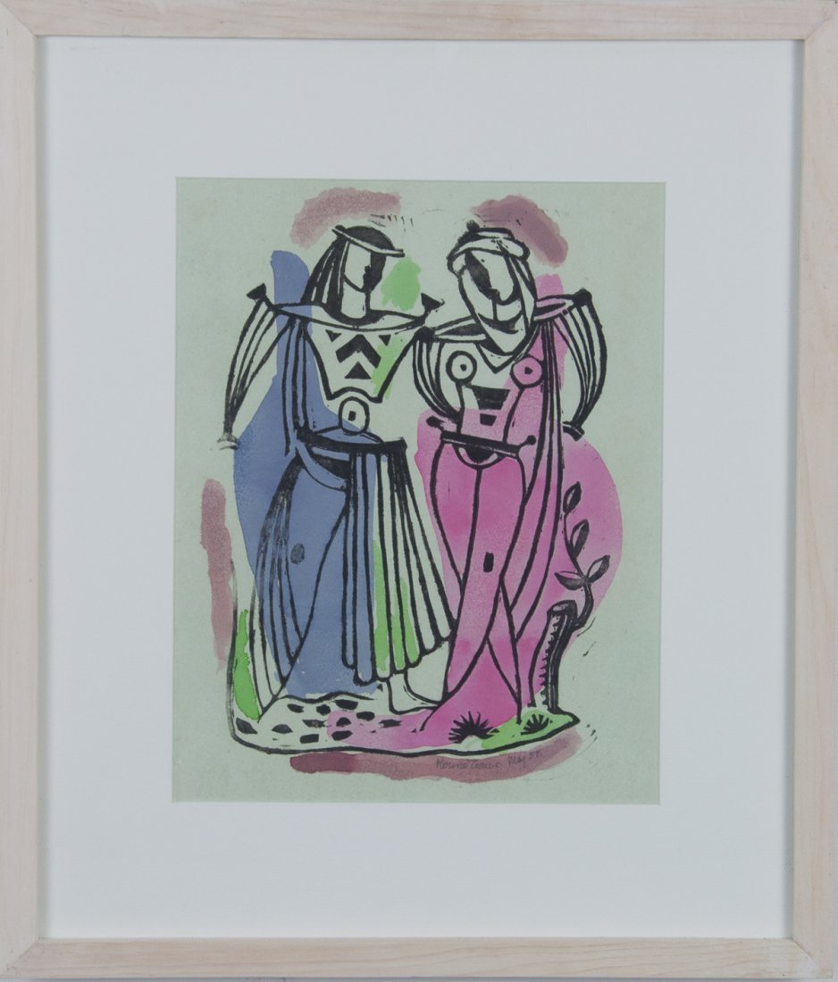 Konrad Cramer (1888-1963): Artist: Konrad Cramer (1888-1963) Title: Two Figures 1954 Medium: gouache on paper Image Size: 13x10 Frame Size: 20x17 Signed: signed and dated lower right Estimate: 200 - 400