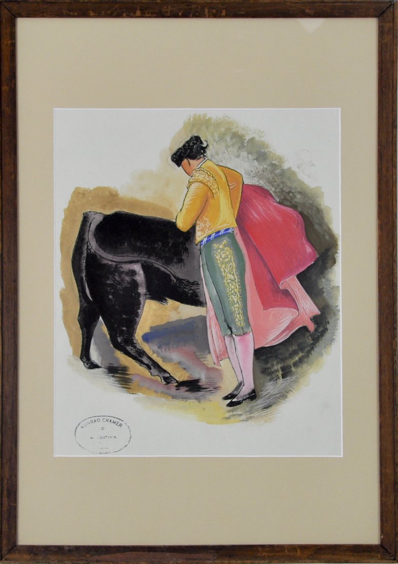 Konrad Cramer (1888 - 1963): Title: Bullfighters c. 1930 Medium: gouache on paper Size: 14x11.5 Size in Frame: 23x16.25 Signed: estate stamped on verson