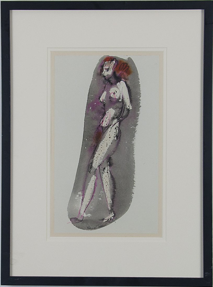 Konrad Cramer (1888 - 1963): Title: Standing Nude , 1951 Medium: watercolor on paper Size: 14x8 Size in Frame: 20.25x14.5 Signed: signed and dated middle bottom