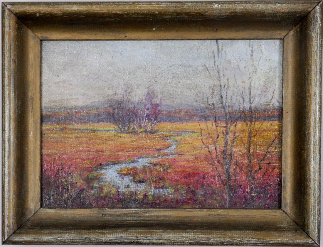 Bruce Crane (1857 - 1937): Title: Landscape c. 1920 Medium: oil on canvas Size: 10x14 Size in Frame: 13.5x17.5 Signed: signed lower left