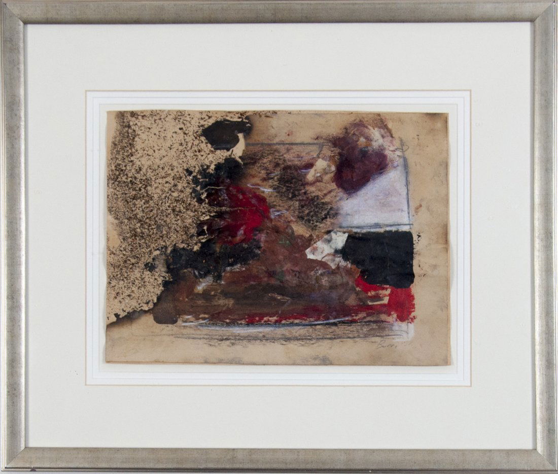 Attributed to Alberto Burri (1915-1995: Abstraction c. 1960 paper and vinavil and combustion/paper size:9.35x13.75 size in frame:18.75x22.5 signed lower right