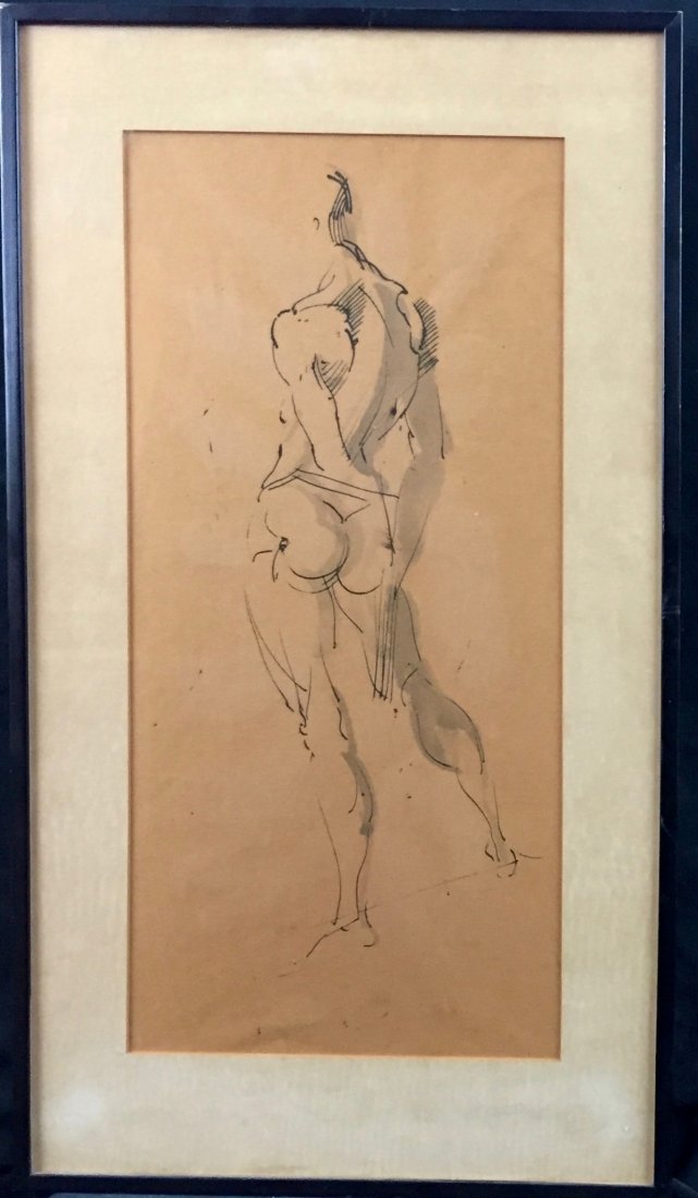 Reginald Marsh (1898-1954): Nude, 1951, ink on paper, 18x9, Provenance: drawn at the Art Student's Leage in New York, authenticated by playwright Howard Levitt, private collection , very good condition