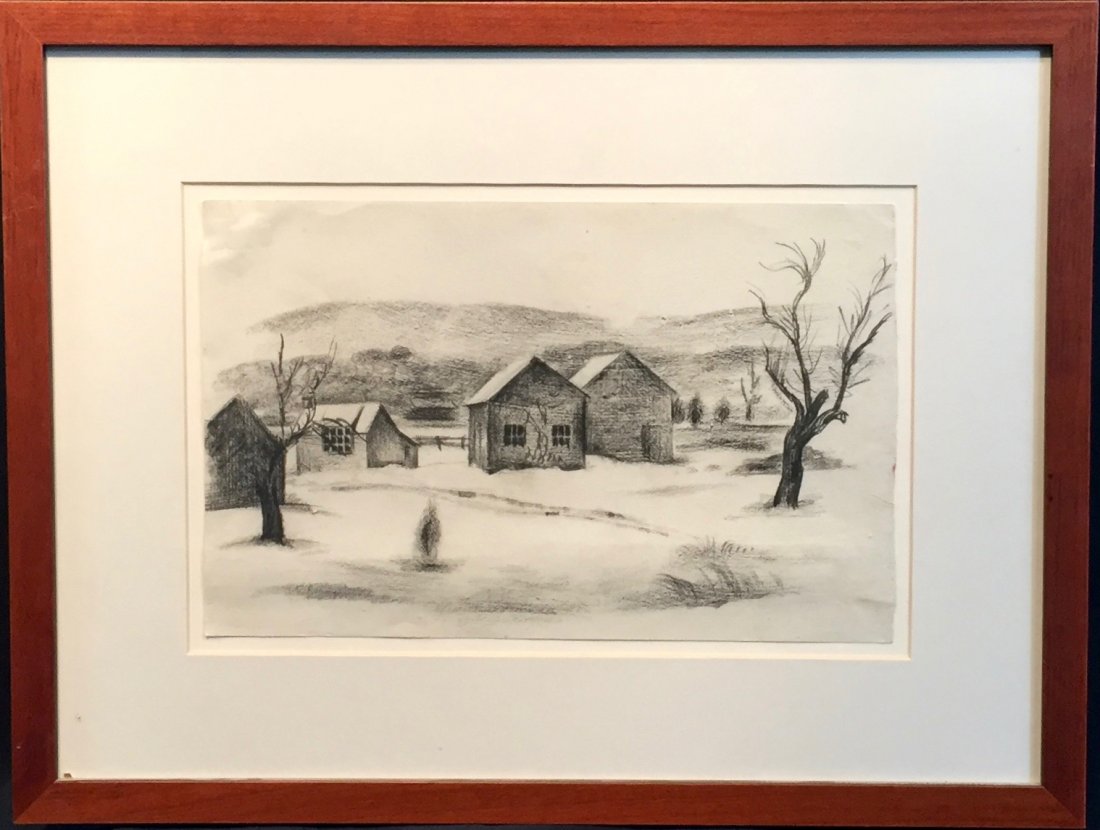 Konrad Cramer (1888-1963): Barns in Snow #1, 1928, conte crayon on paper, 7.75x12.25, Provenance: estate of Konrad Cramer, good condition, estate stamp on reverse.