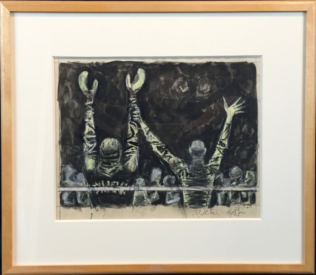 Fletcher Martin (1904-1979): Victory for Jack Dempsey, c. 1953, mixed media on paper, 9.5x13, signed lower right, Provenance: private collection, excellent condition
