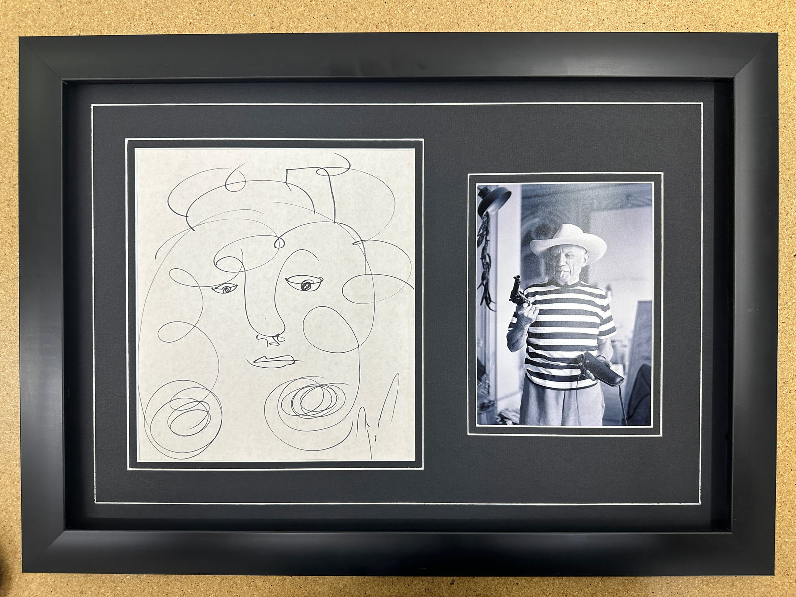 Pablo Picasso autographed sketch in custom matting and frame (1 of 1)