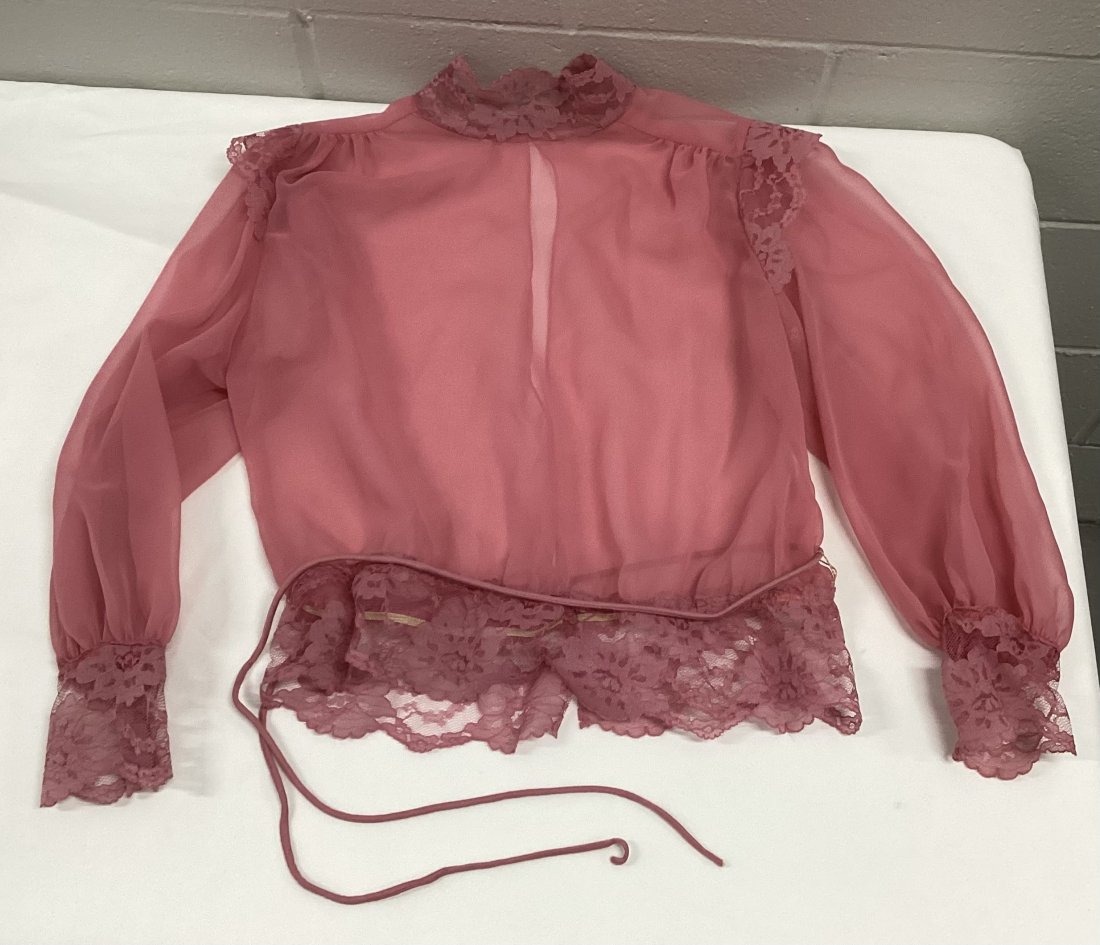 Sheer Pink Open Back Blouse: Lace Trim, Snap Button Cuffs, Tie Belt, Back Top & Bottom Hook Closure No Tags 20” AP-AP