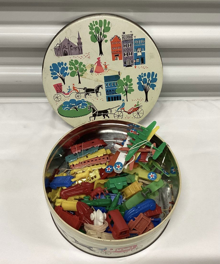 Tin Full of Vintage Plastic Vehicles (1 of 2)