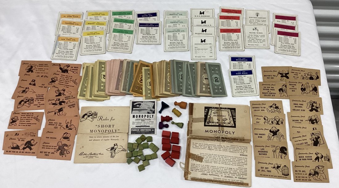 Early Monopoly Wooden Houses & Game Pieces, Papers: 1936 & 1947