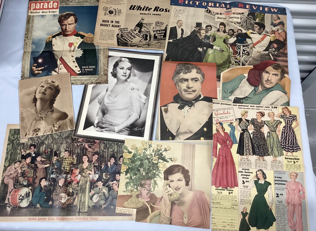 Box Full of Vintage Celebrity Magazine & Newspaper Clippings & Ads: Sample shown 1940s/50s