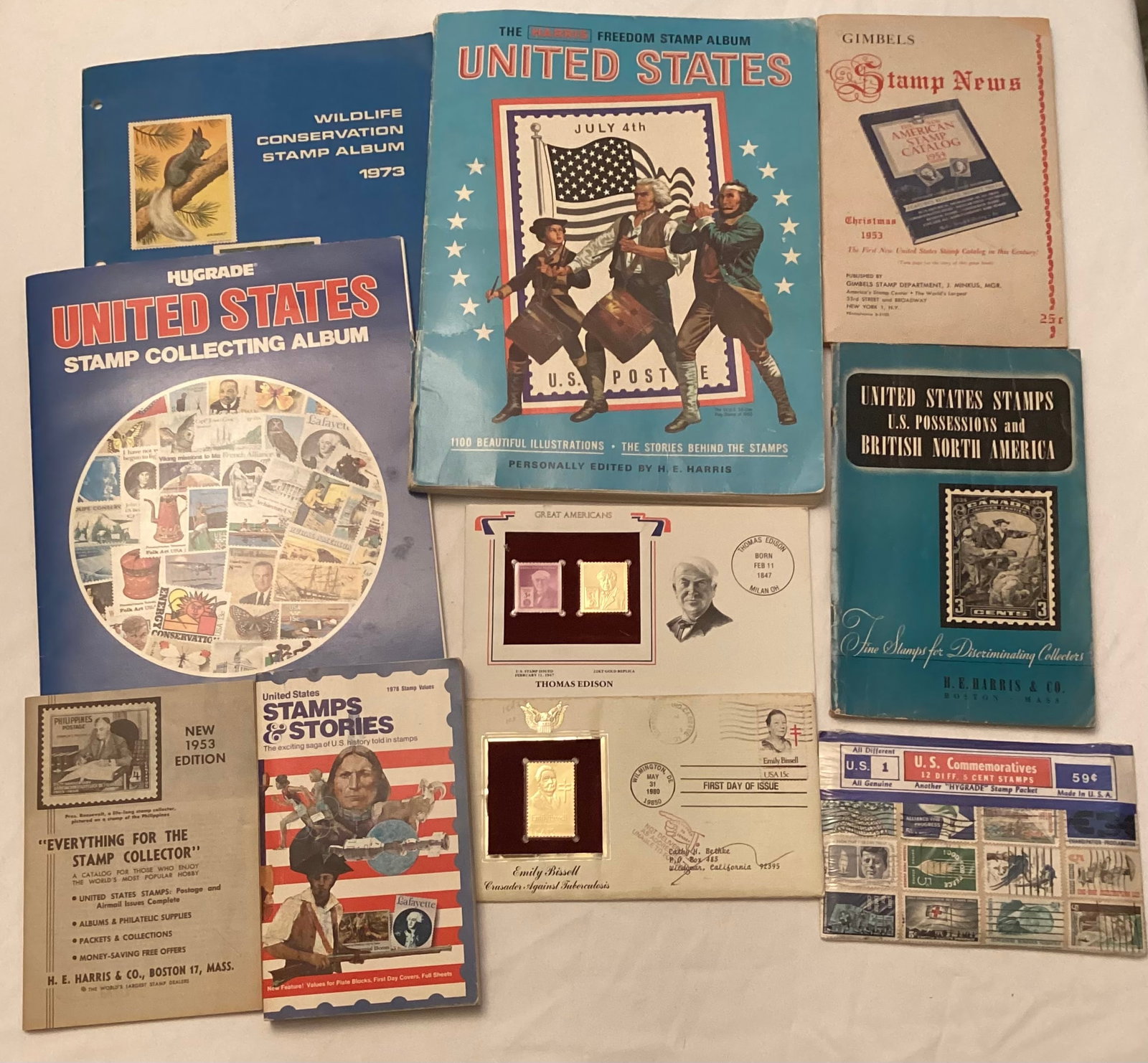 Vintage Stamp Books with Stamps, Gold Stamp Covers, Guides & Sealed Stamp Packet: Sample of Stamps in Books Shown