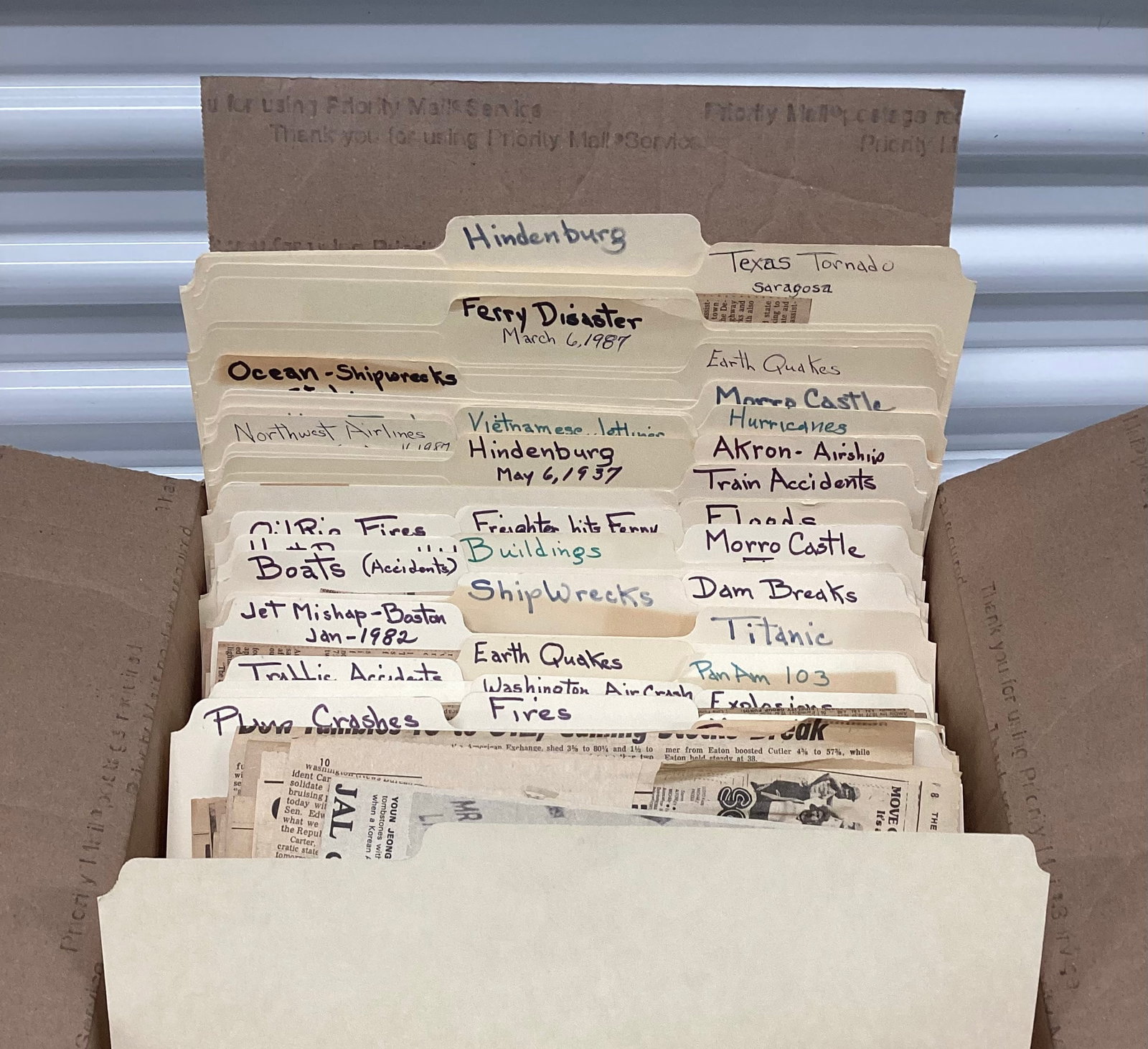 Box Full of Newspaper Clippings On Disasters: Labeled Hindenburg, Plane Crashes, Explosions…Unsearched