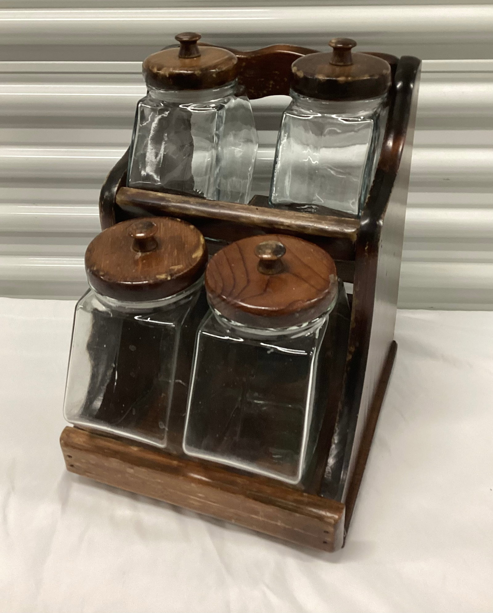 Slanted Glass Canister Set in Wood Shelf: 14x12x11