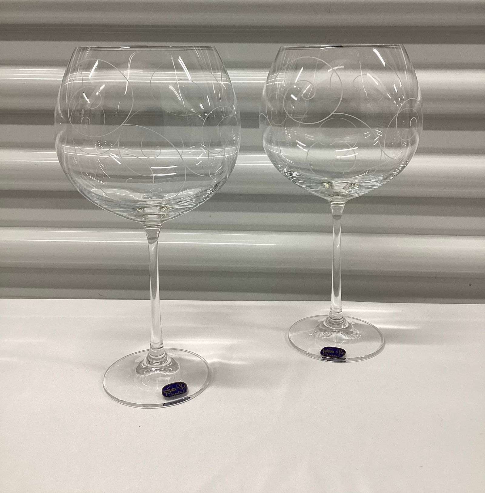 Pair of Bohemia Crystal Wine Goblets: 9.75 inches tall