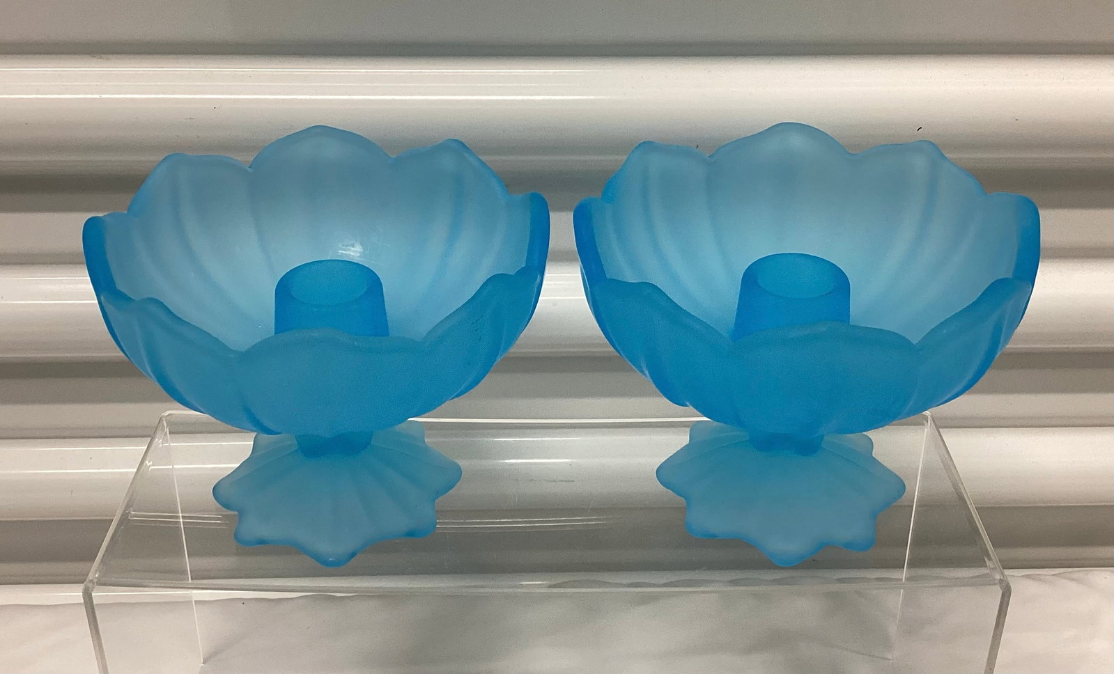 Pair of Westmoreland Glass Blue Satin Candlesticks: 5 inches across