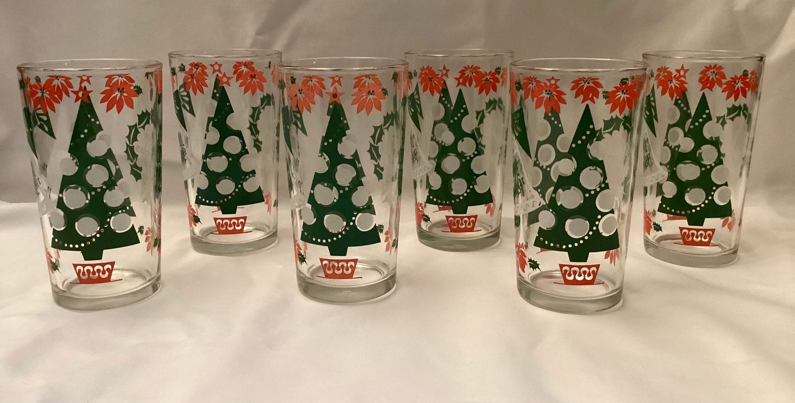 Set of Six Vintage Christmas Glasses: 5 inches Tall