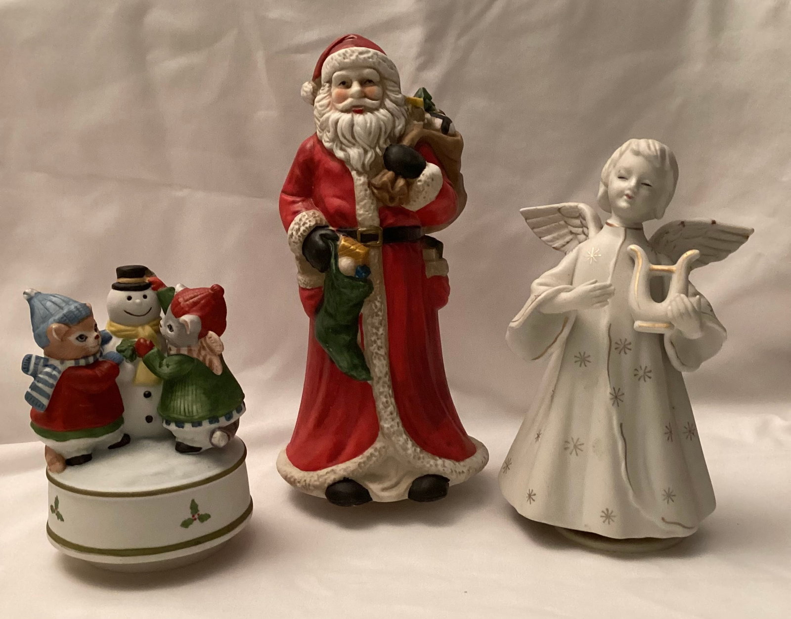 Vintage Rotating Christmas Musical Figures: Tallest 9.75 inches Santa, Schmid Japan Angel, Schmid Kitty Cucumber