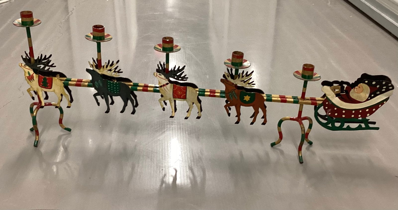 Vintage Painted Wrought Iron Folk Art Santa Sleigh Candelabra (1 of 6)