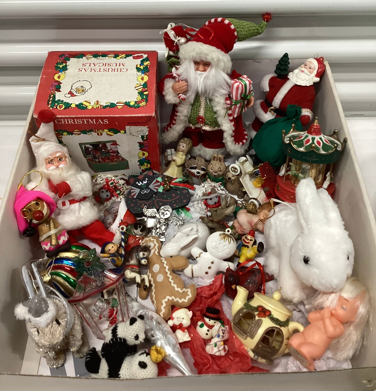 Box of Vintage & Modern Christmas: Music box, ornaments & Decor some with tags, Hallmark,