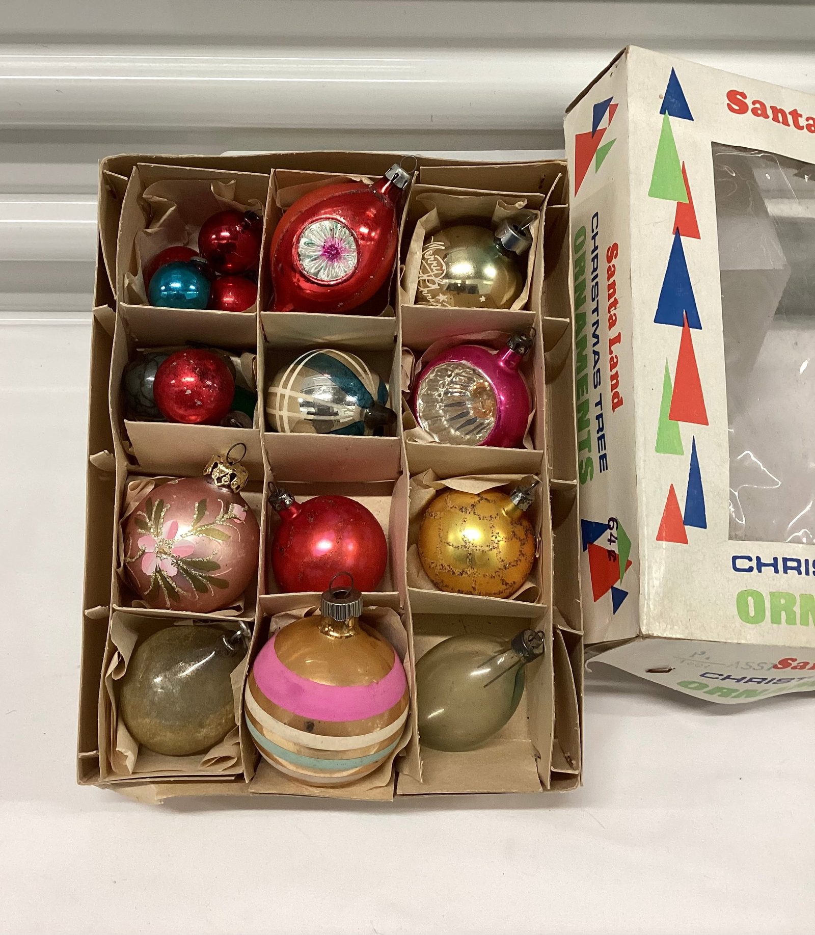 Box of Vintage Glass Christmas Ornaments: Double indent, indent, unsilvered, Striped, mini