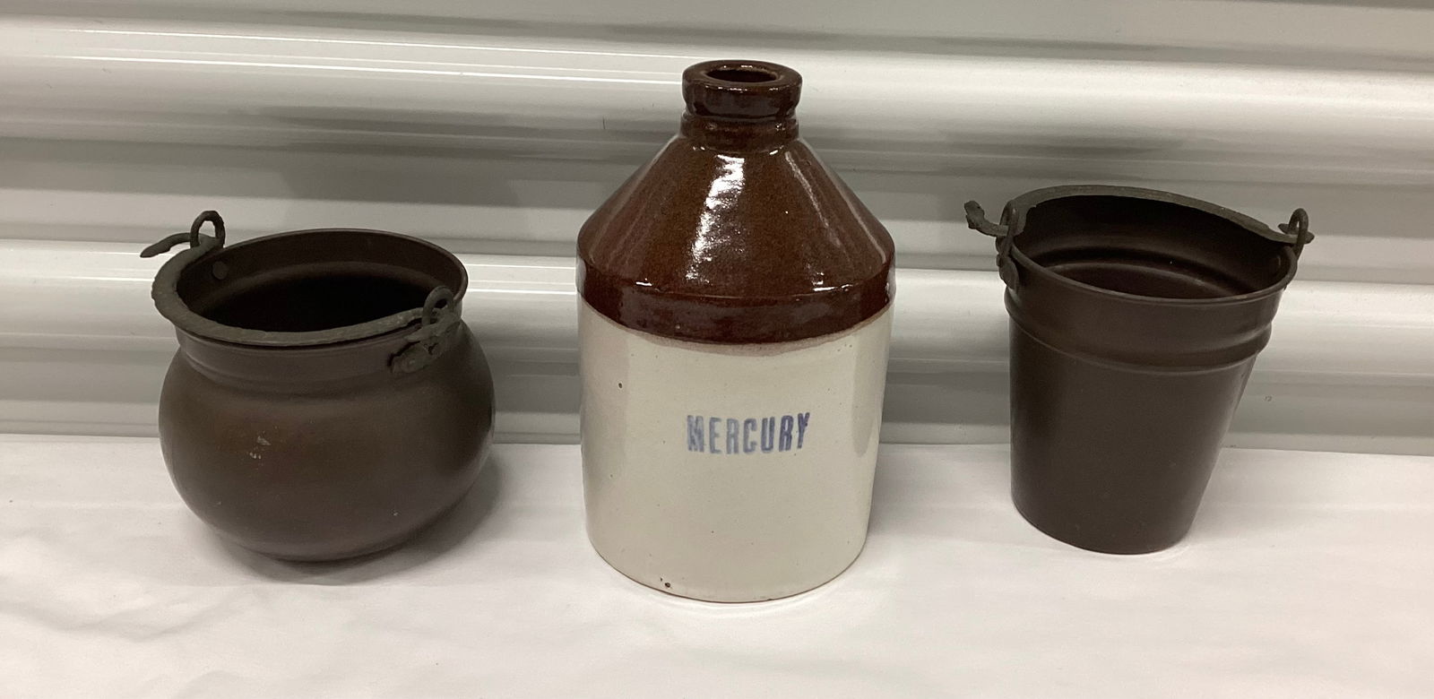 Antique Mercury Stoneware Jug & Primitive Style Buckets (1 of 4)