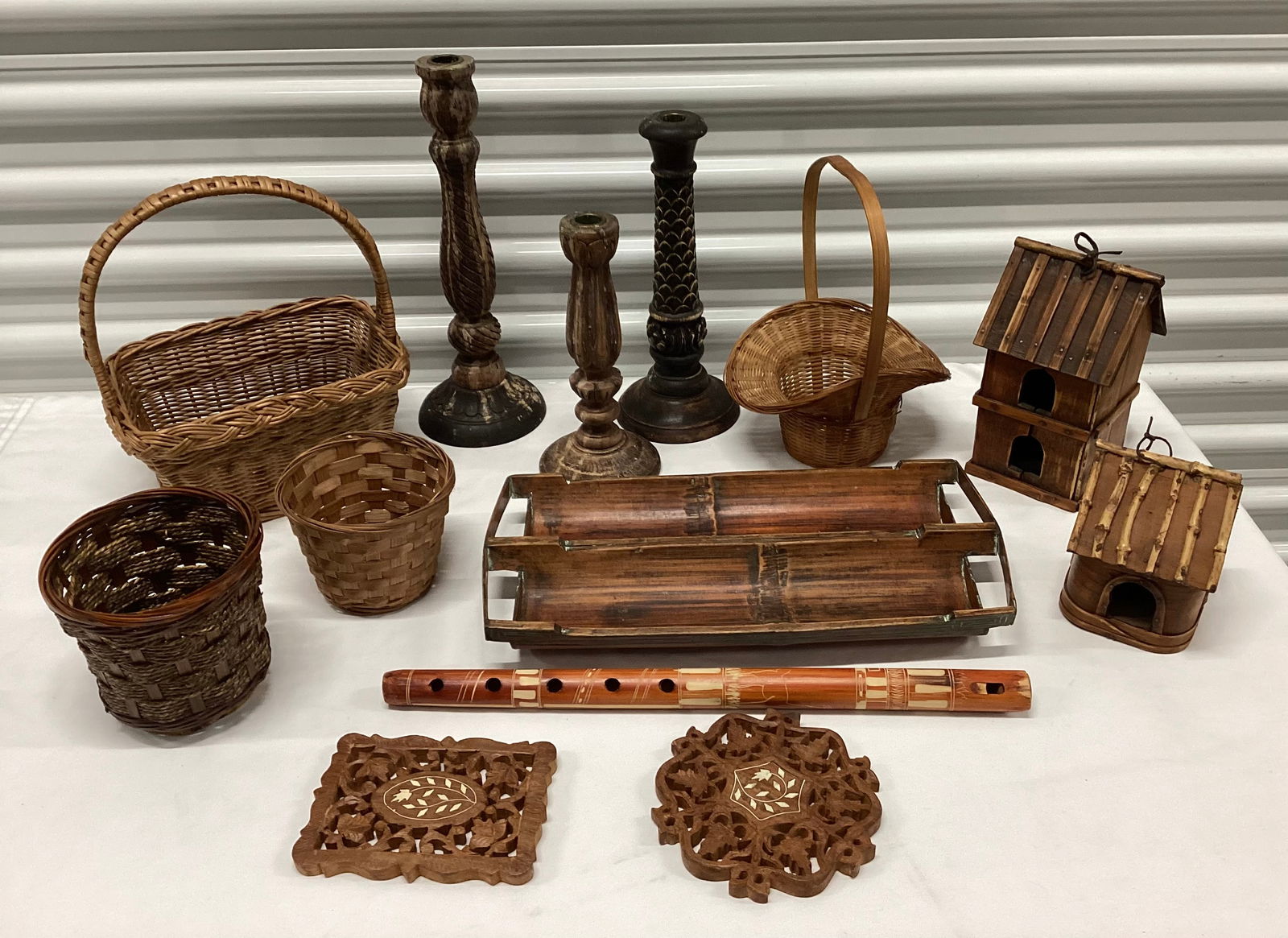 Wood & Bamboo Style Decor incl Birdhouses: Tallest Candlestick 14 inches