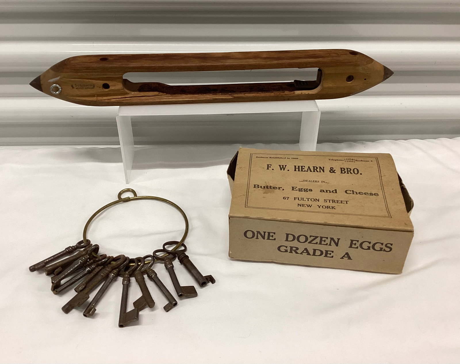 Schmeing Germany Loom Shuttle, Antique Paper Egg Carton & Skeleton Keys: Schmeing Germany