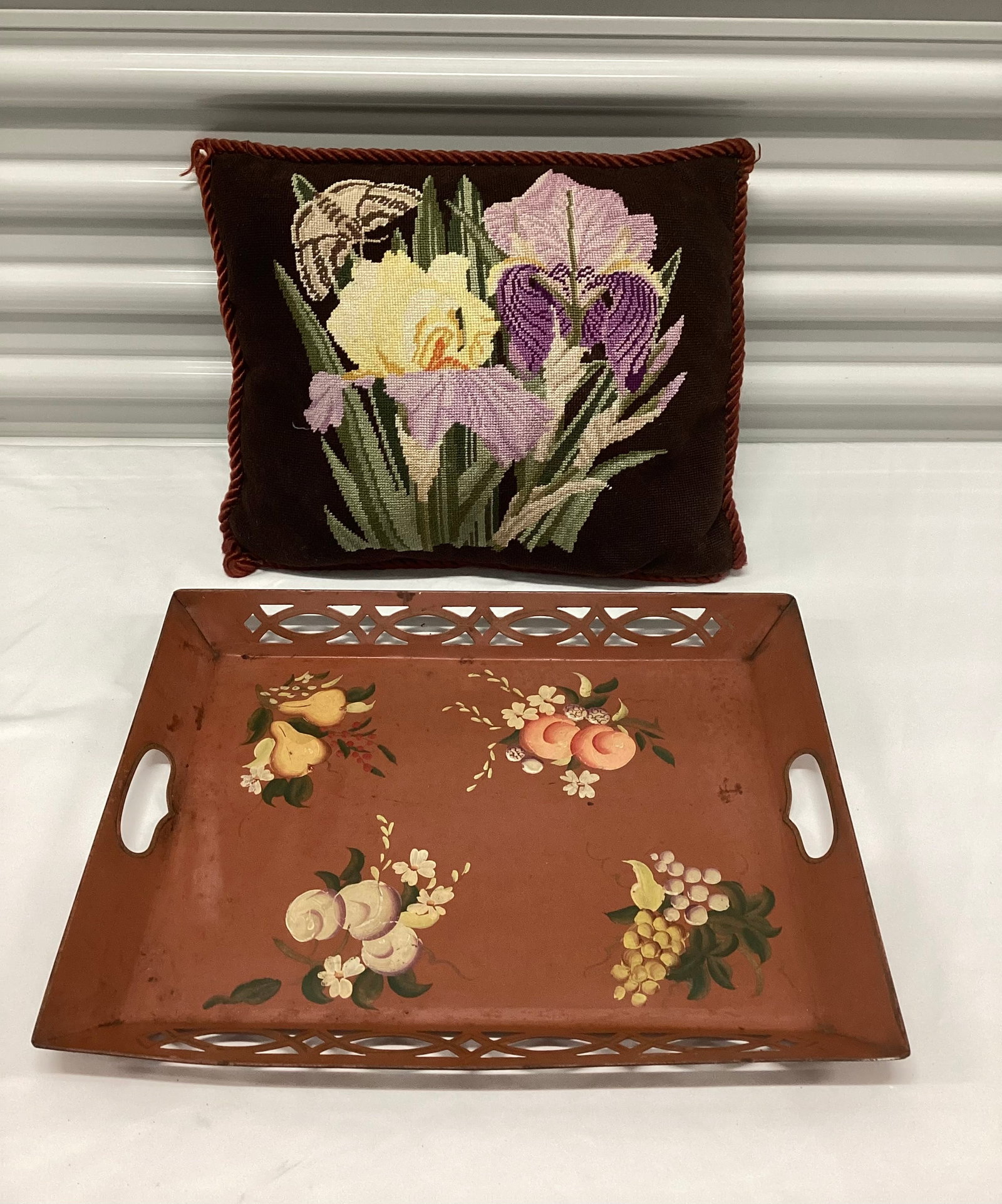 Vintage Needlework Iris Pillow & Metal Tole Style Tray (1 of 4)