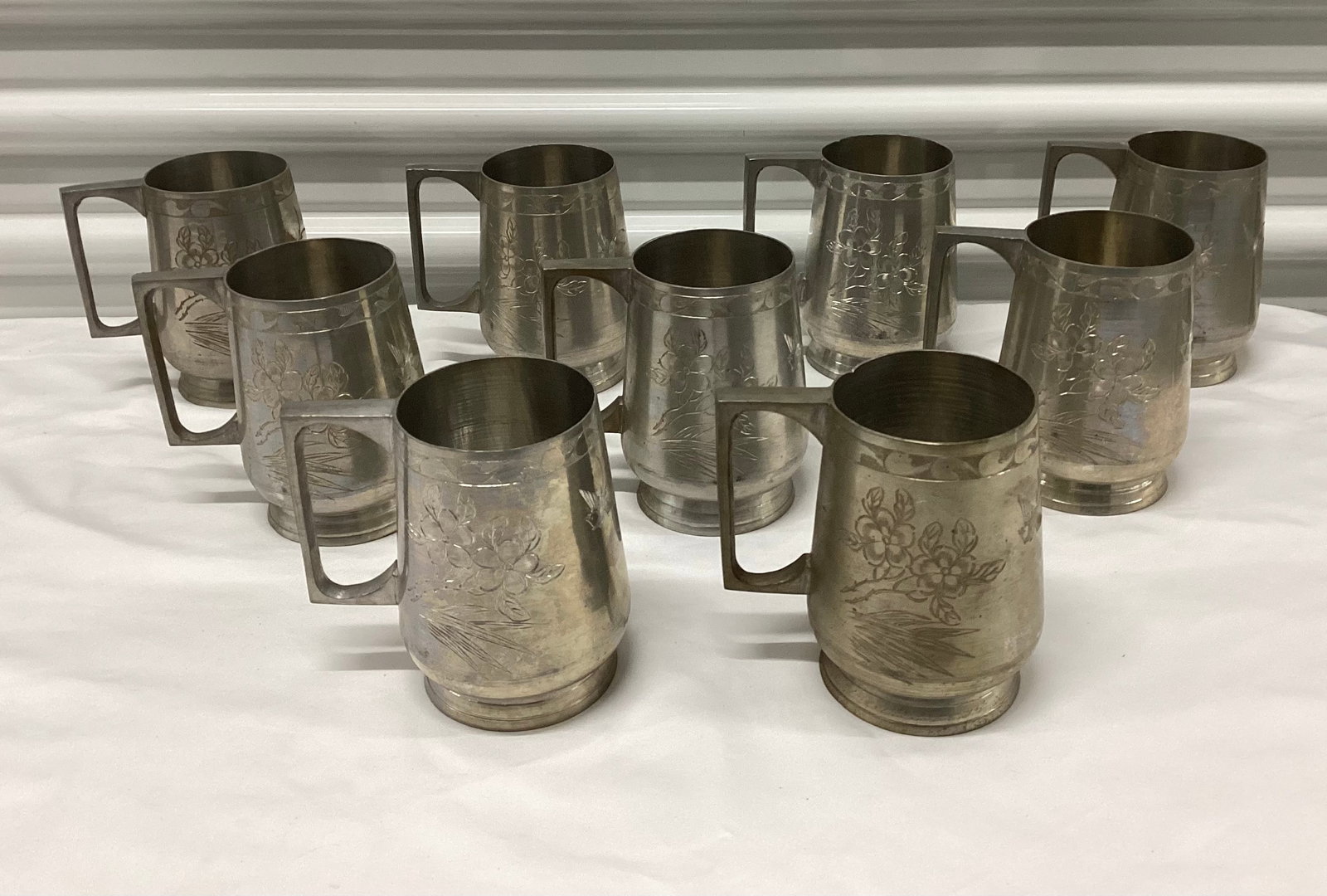 Set of 9 Asian Etched Metal Mugs: All Marked