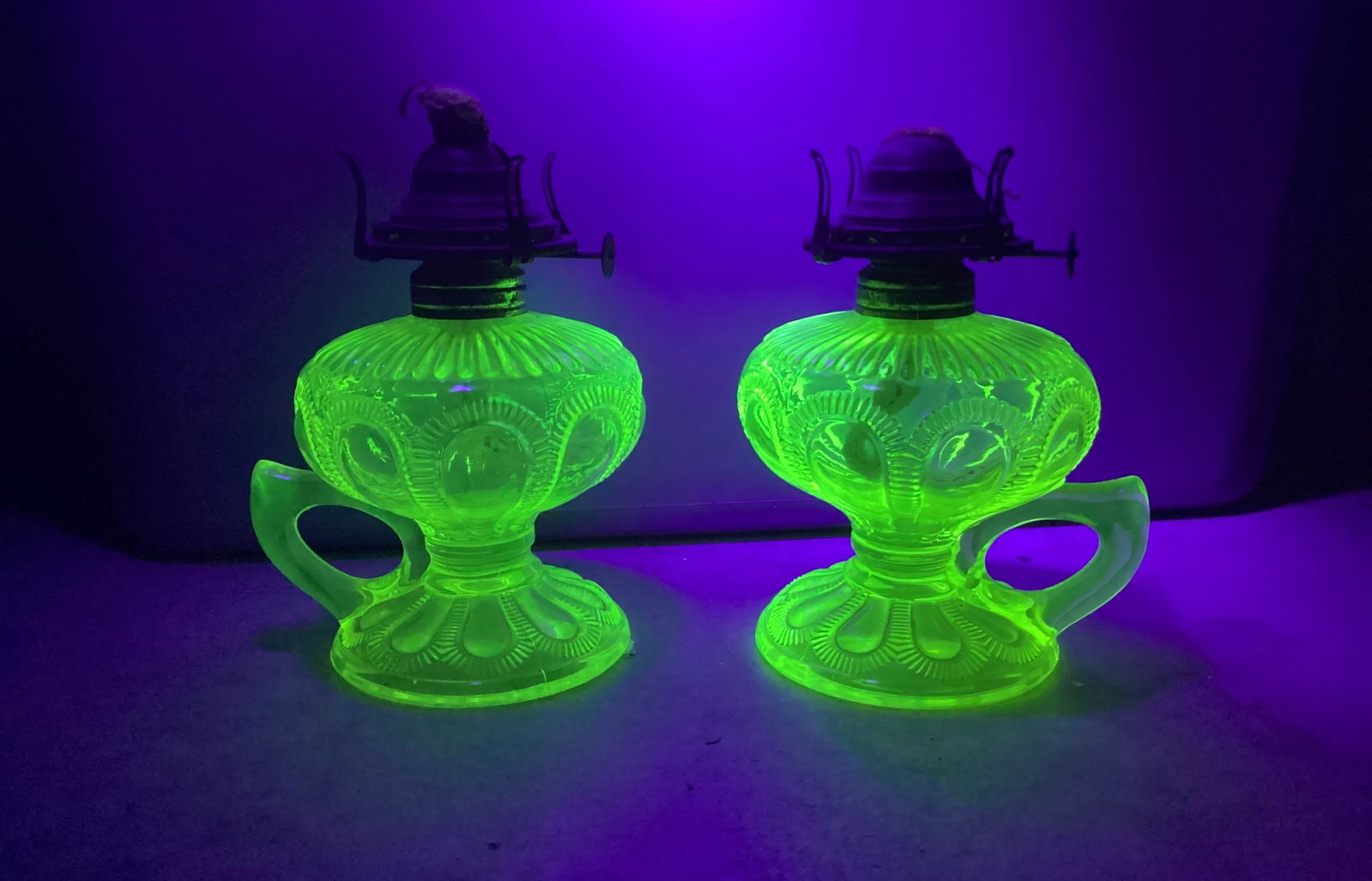 Pair of Vaseline Glass Oil Lamps: 7 inches