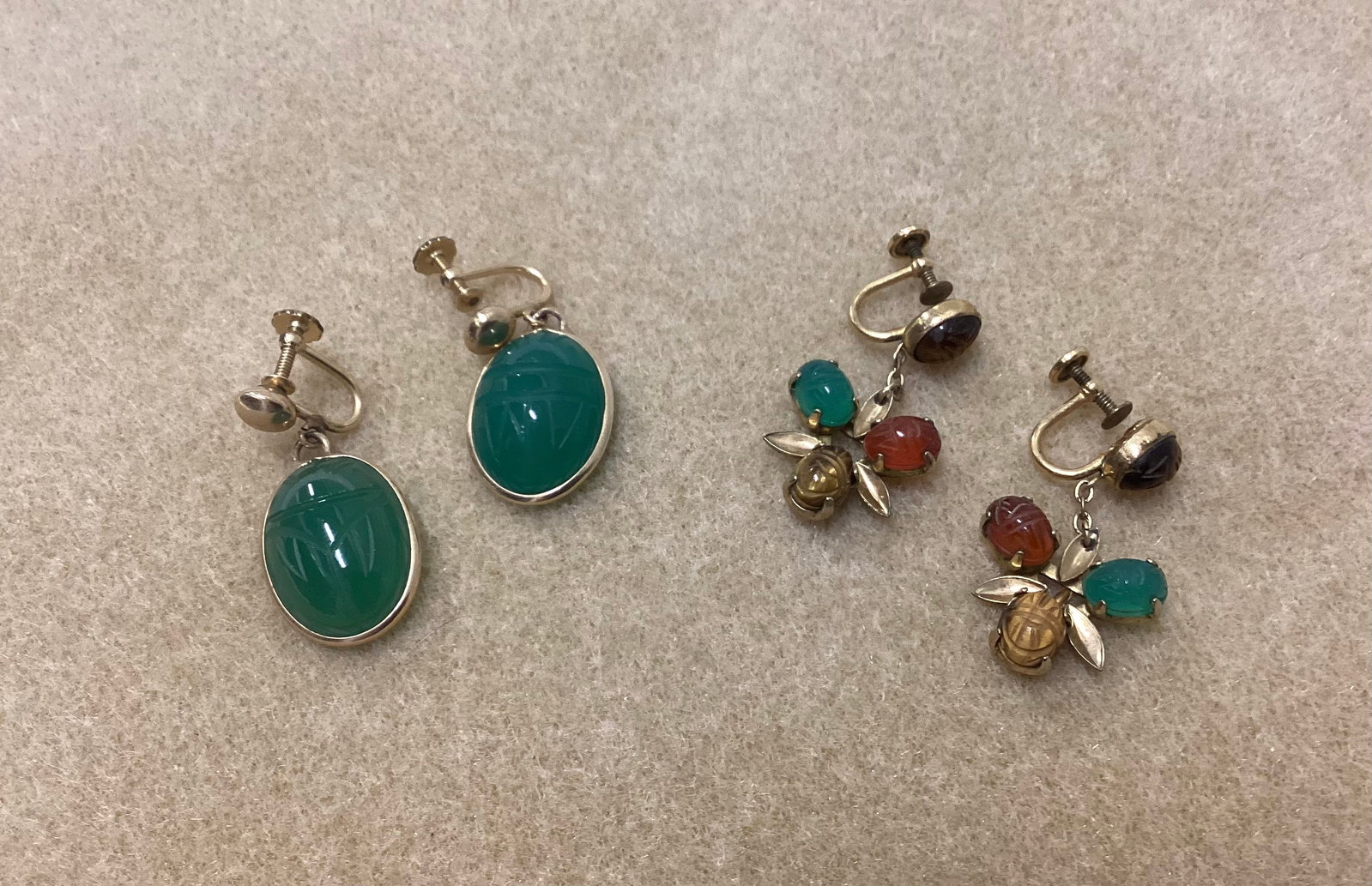 Two Pair Gold Filled Scarab Semi Precious Stone Screw Back Earrings: Both Marked 1/20 12k GF