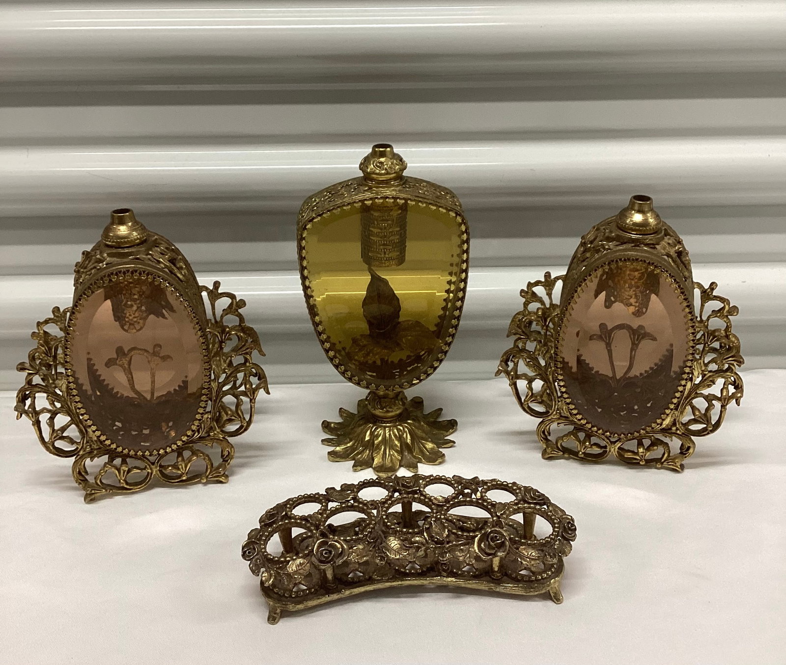 Antique French Gilt Omolu Perfume Bottles & Matson Lipstick Holder: Amber & Amethyst