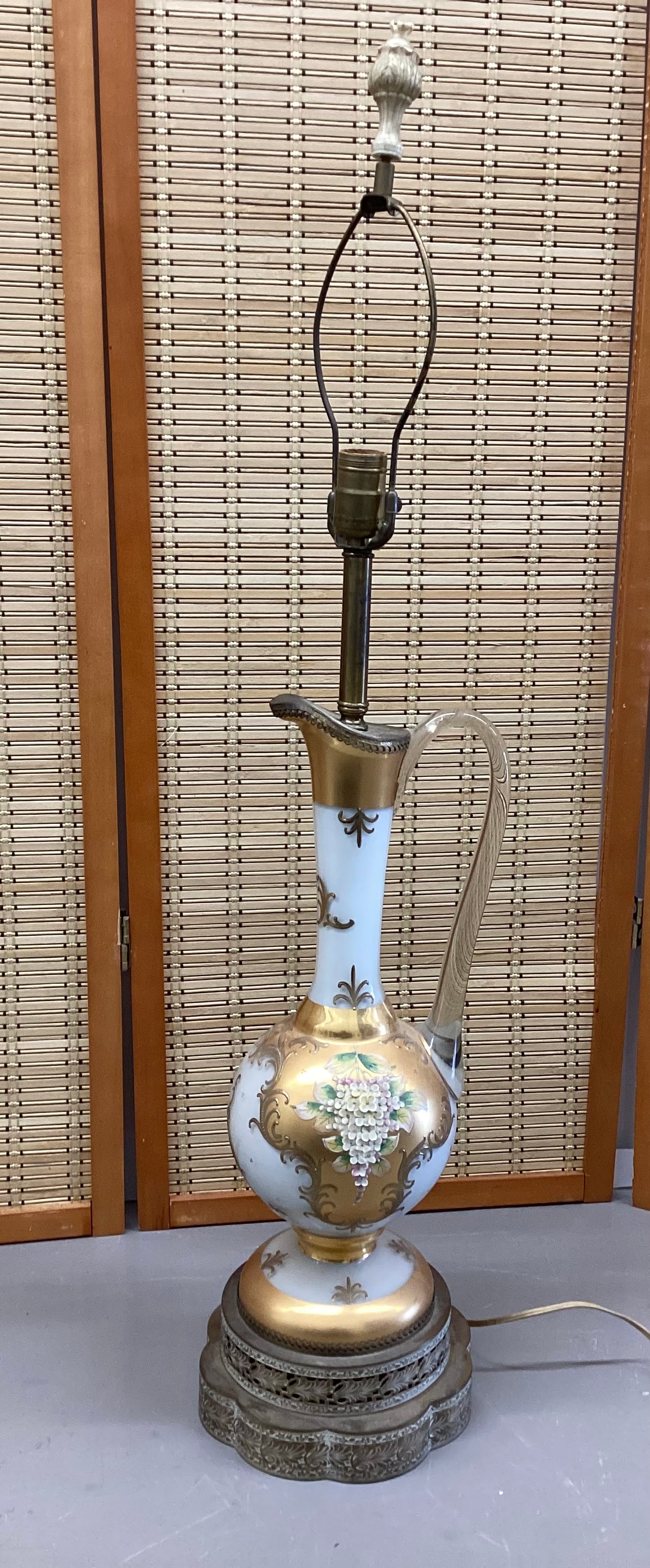 Mid Century Bohemian Czech Gilded Art Glass Ewer Lamp: 37 inches