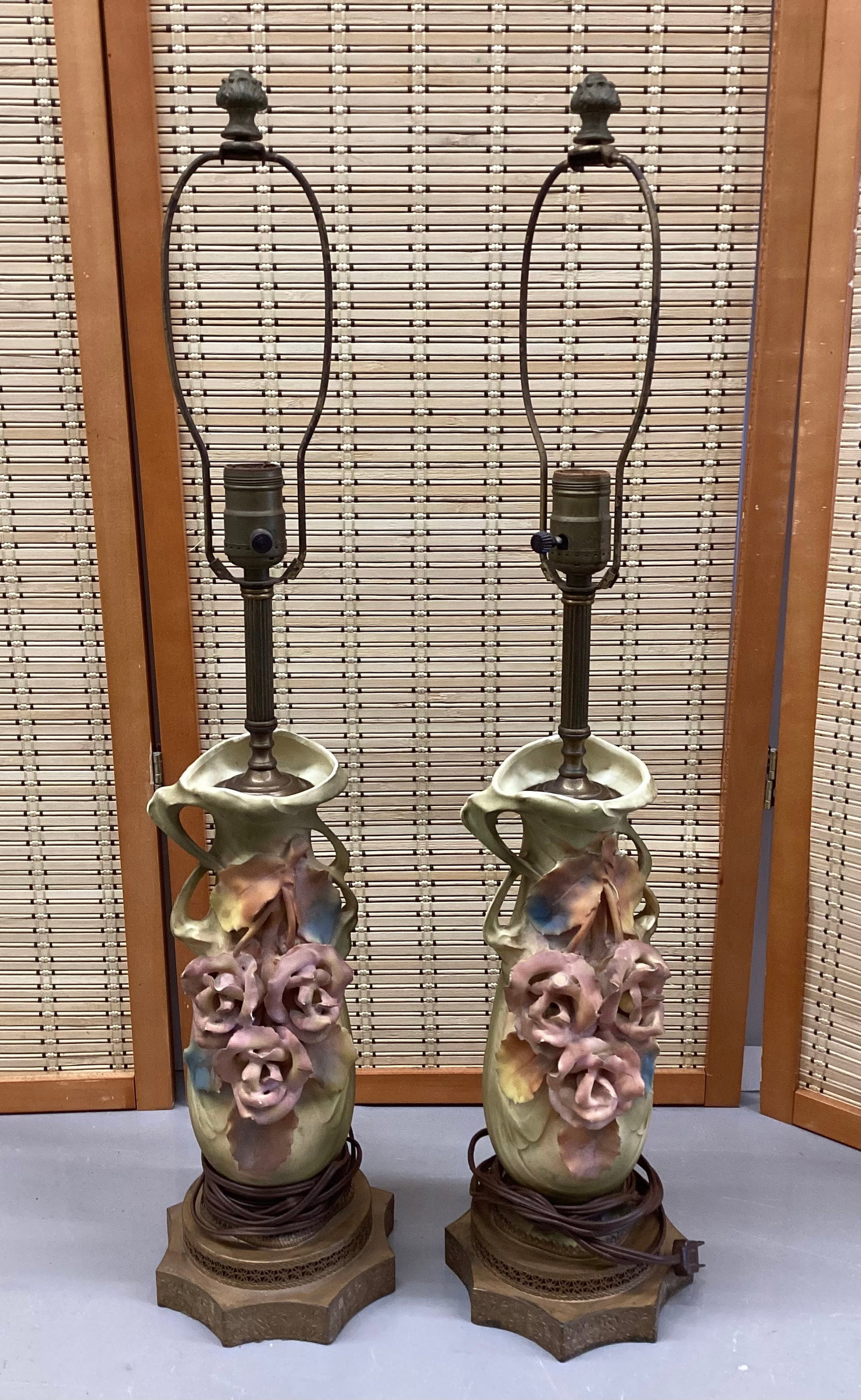 Pair of Art Nouveau Porcelain Lamps: 28.5 inches