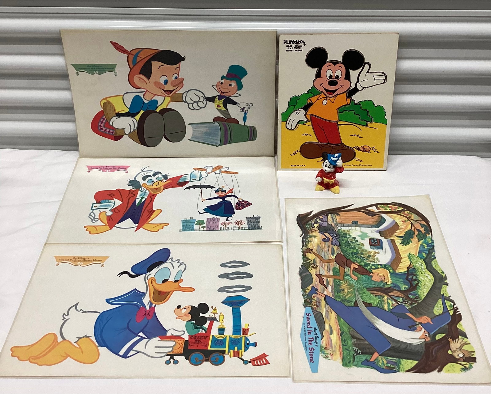 1960s Disney Placemats, Wooden Mickey Puzzle & Sorcerer Mickey: Mickey marked Japan 3.5 inches
