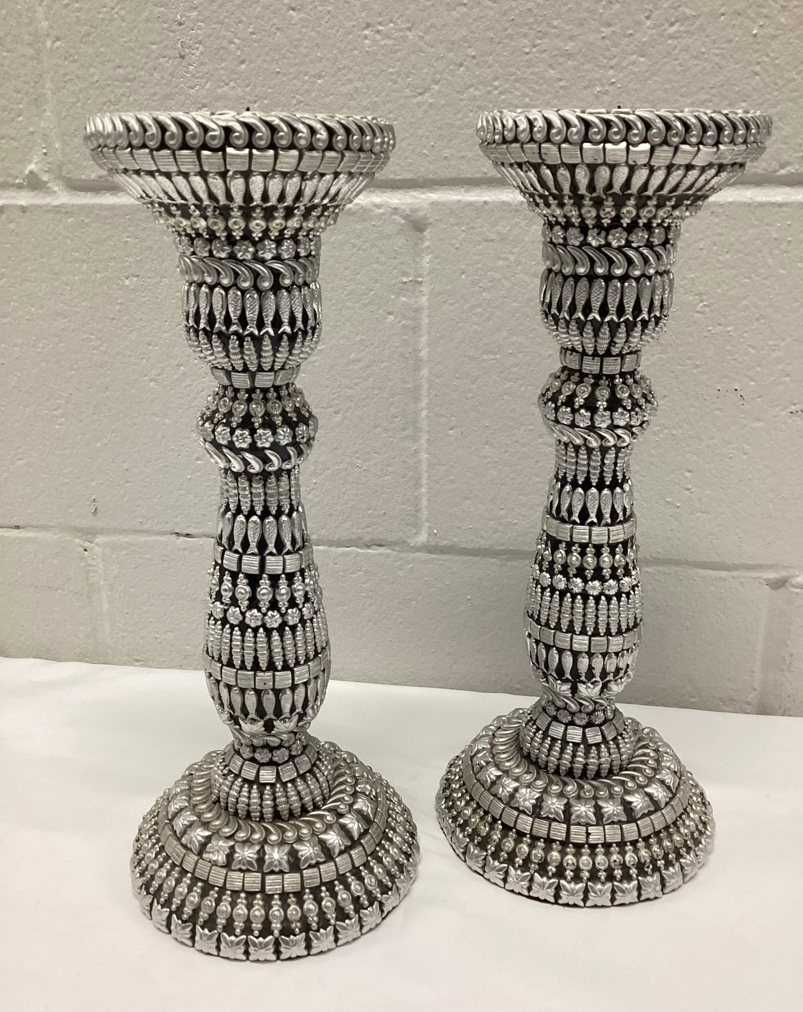 Pair of Silver Embellished Candlesticks: 12.5 inches