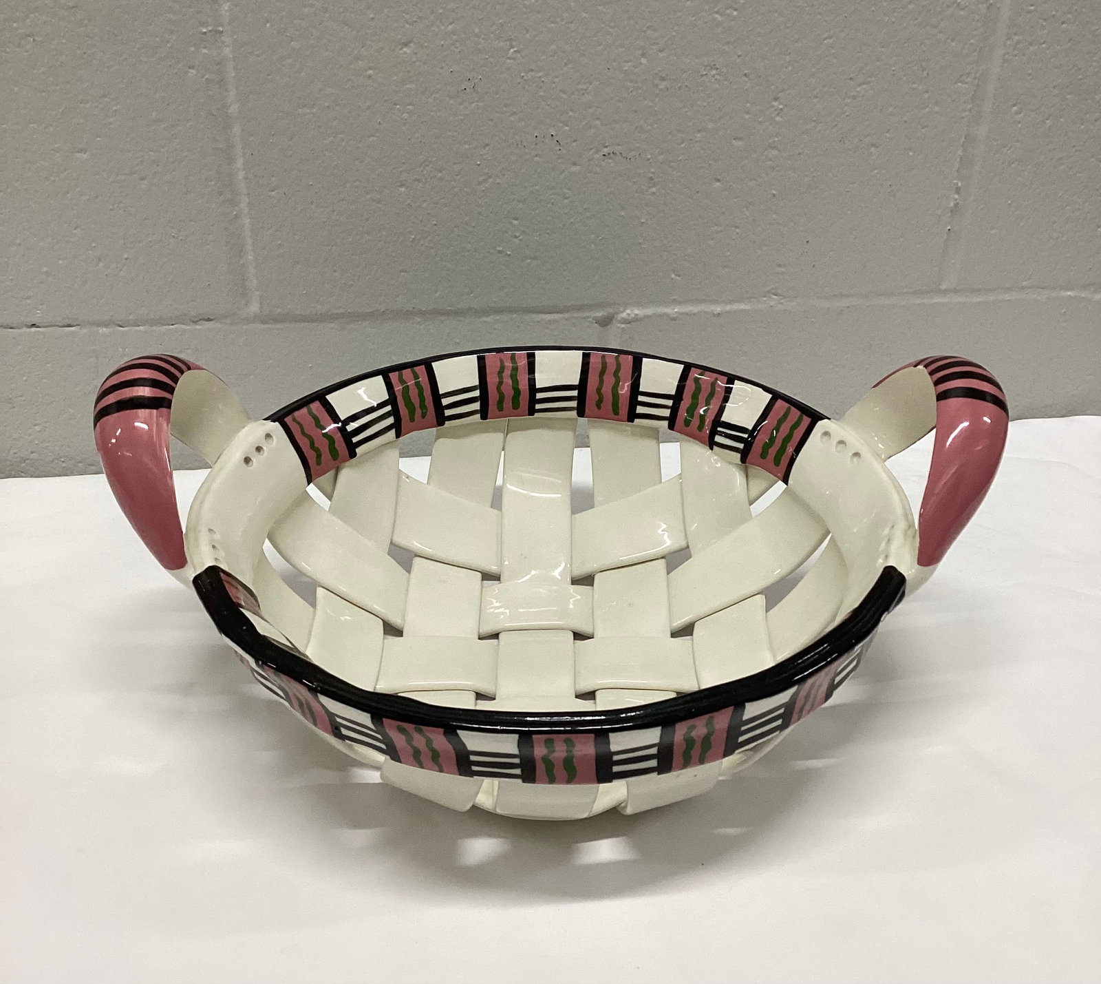 Signed Rina Peleg Ceramic Woven Pottery Basket: 14 inches
