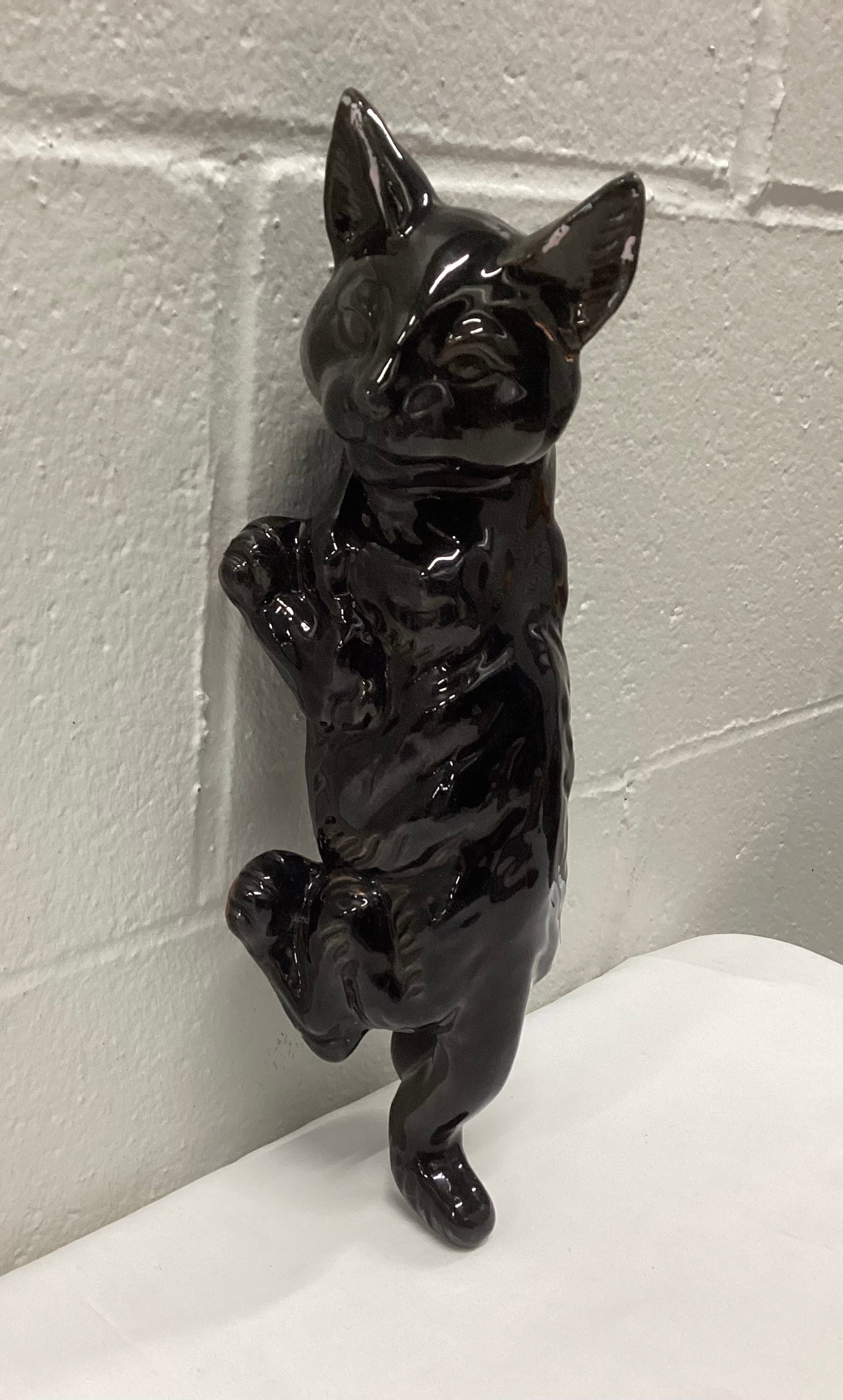 Black Glazed Terra Cotta Climbing Black Cat: 12 inches