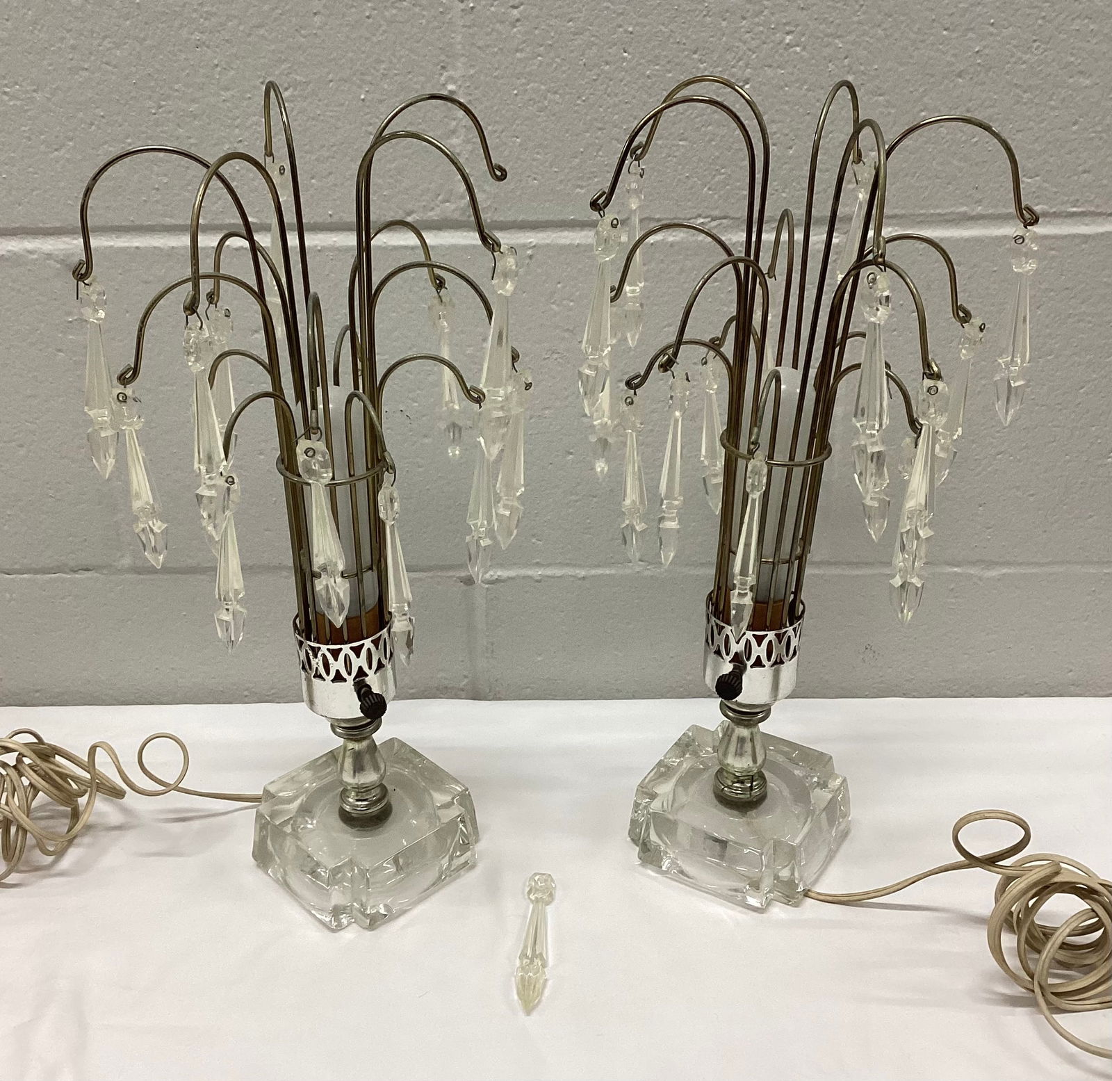 Pair of Hollywood Regency Waterfall Prism Boudoir Lamps: 14.5 inches Most Likely 1940s
