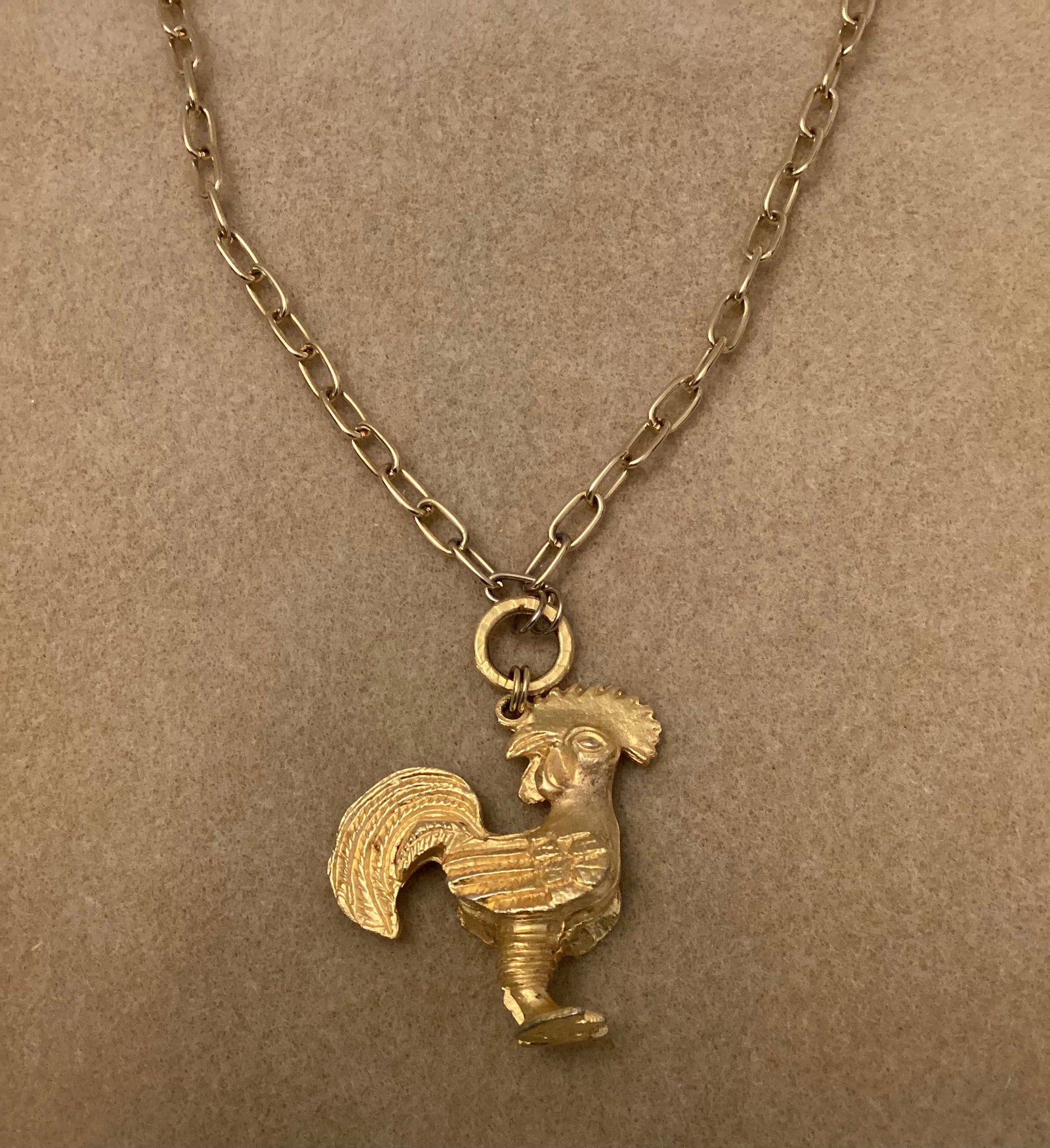 Large Gold Tone Rooster Necklace: 2.25 inch Three Dimensional Rooster