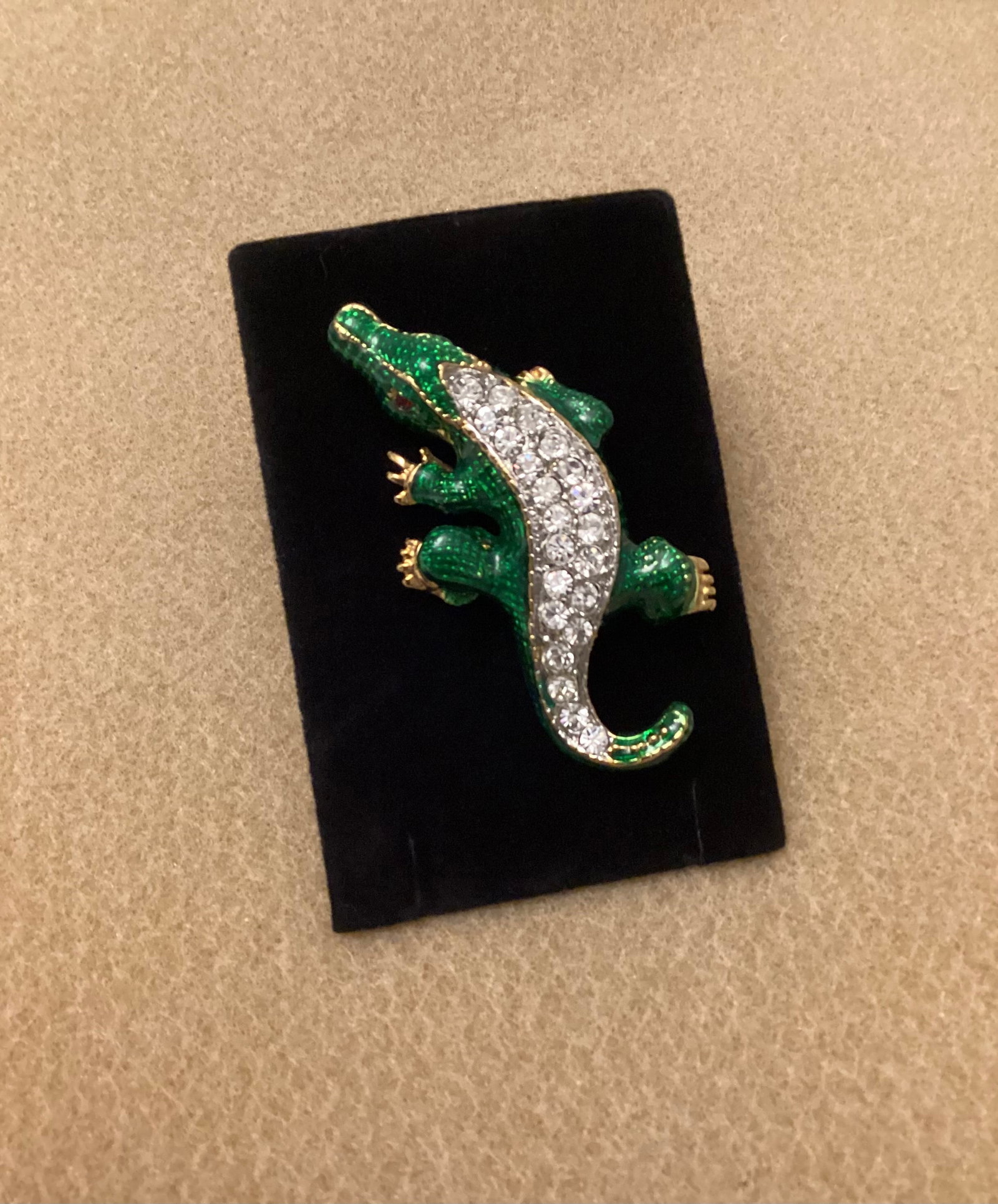 Kenneth Lane Rhinestone & Enamel Crocodile Brooch: 2.75 inches