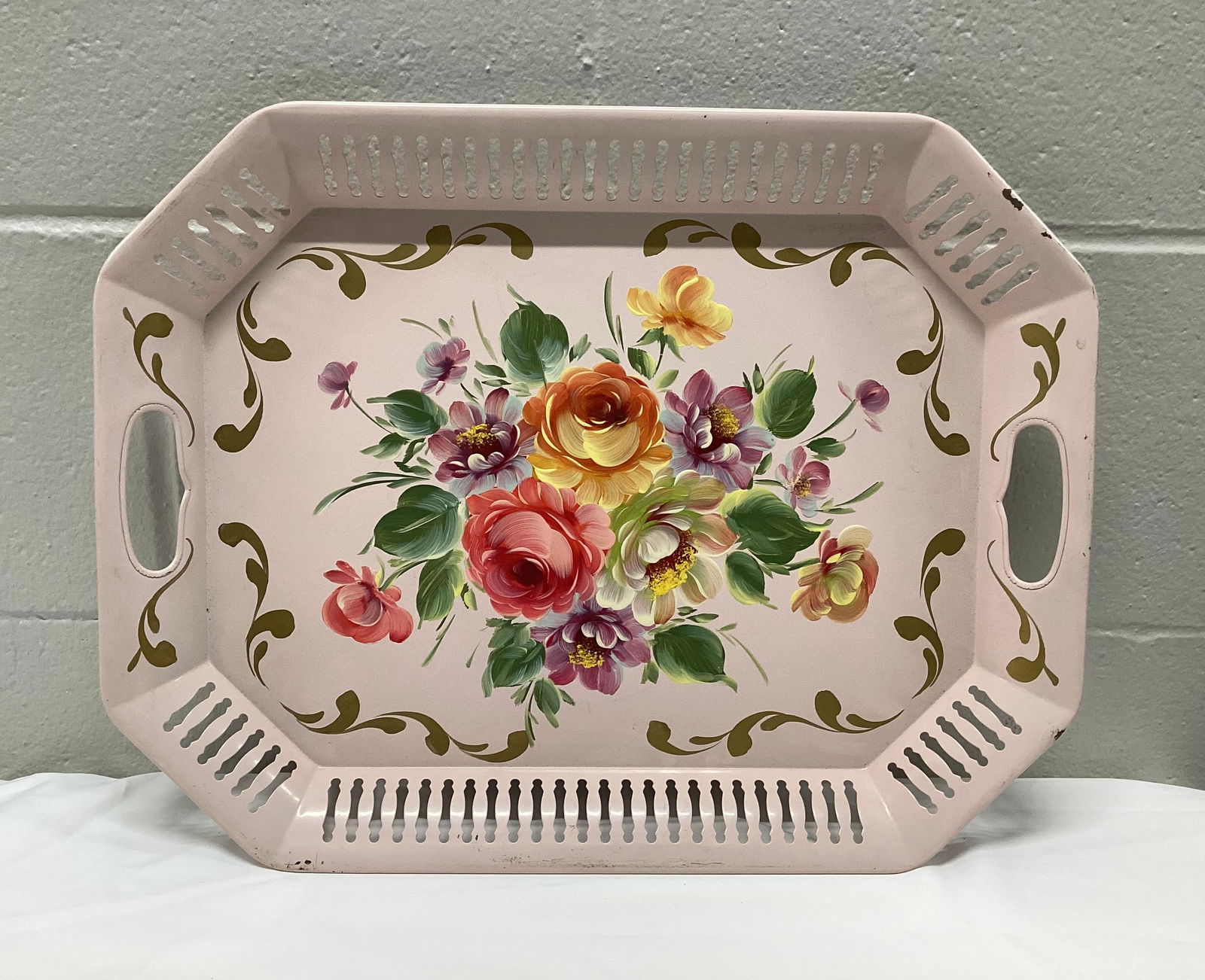 Large Hand Painted Pink Floral Metal Toleware Tray (1 of 5)