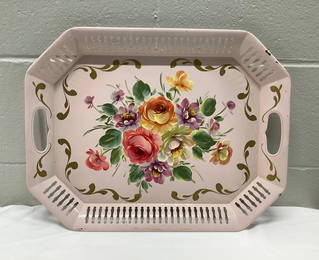 Large Hand Painted Pink Floral Metal Toleware Tray