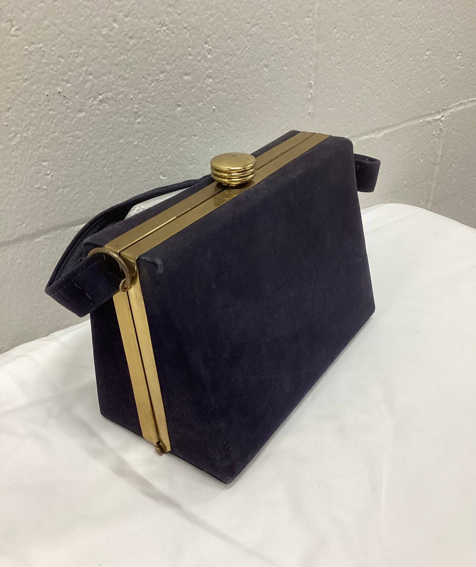 Vintage Navy Blue Velvet Box Purse With Gold Detail: 8 inches unmarked