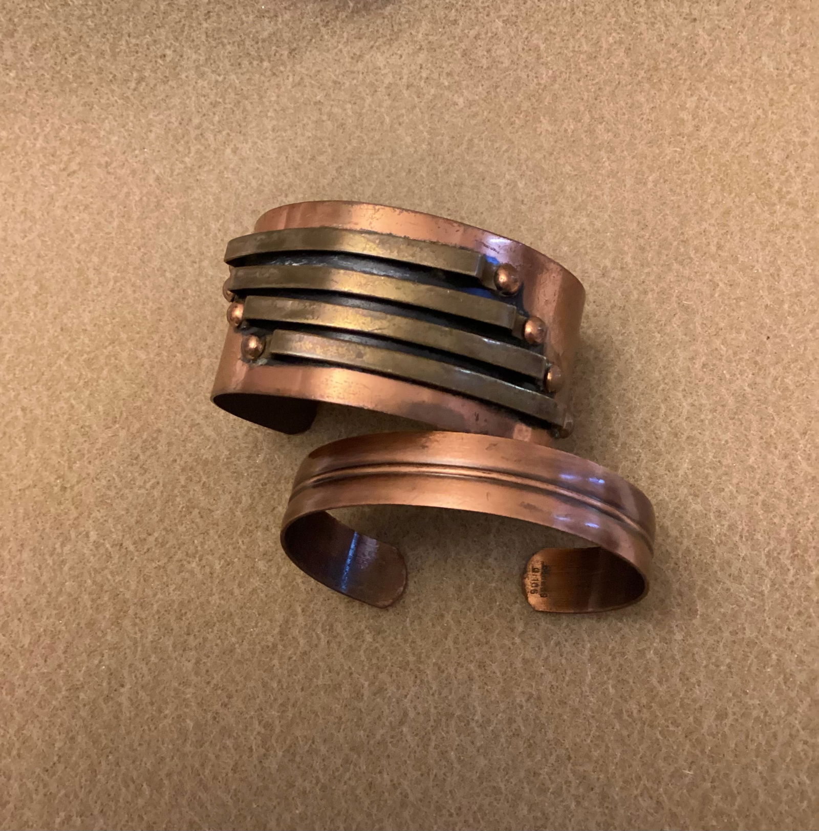 Copper Cuff Bracelets: Thinner Marked Solid Copper. Thicker Unmarked 1.25 inches Wide
