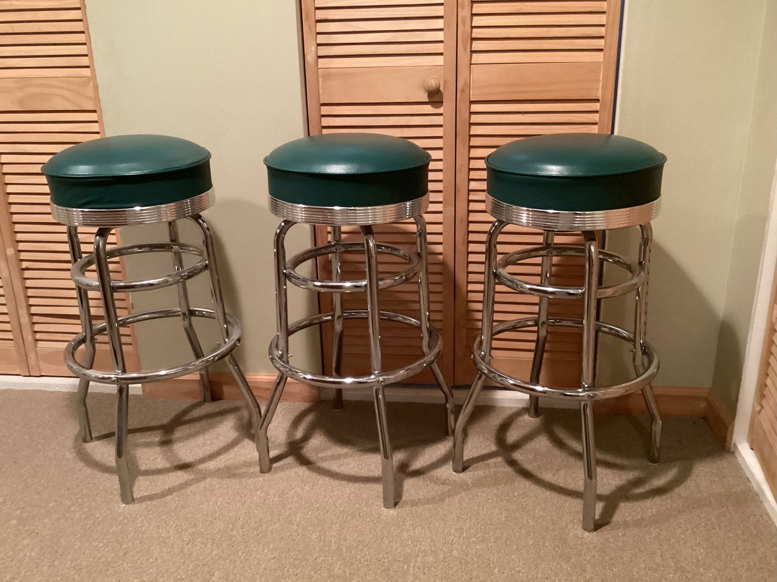 Set of Three Chrome & Green Bar Stools (1 of 5)